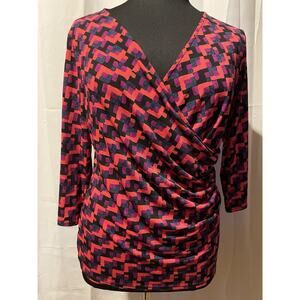 Ann Taylor Women's Top Faux Wrap Multicolor Vibrant Geometric Design Size XL